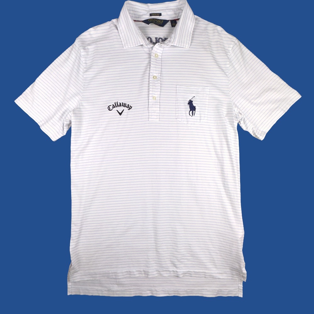 Polo Golf Ralph Lauren Men M White Blue Stripe Polo Shirt BIG Pony Callaway Logo